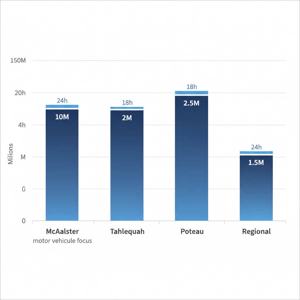 Bar chart comparing personal injury recoveries and response times in Southeast Oklahoma areas including McAlester, Tahlequah, Poteau, and Regional.