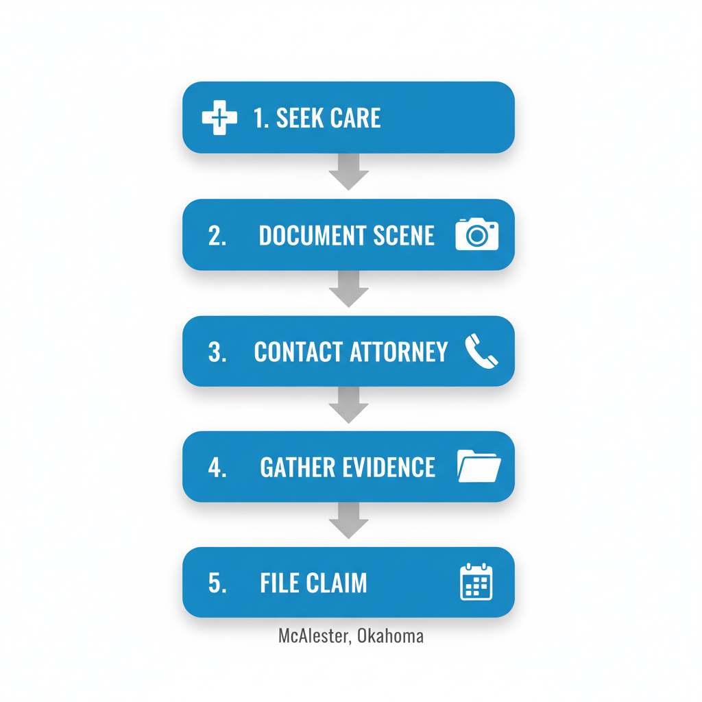 Vertical process flow diagram illustrating five key steps for initiating an injury claim in McAlester