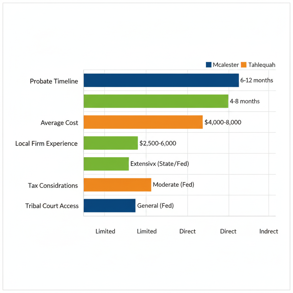 Horizontal bar chart comparing estate planning aspects including probate timeline, costs, firm experience, tax considerations, and tribal court access across McAlester, Tahlequah, and Poteau in Southeast Oklahoma