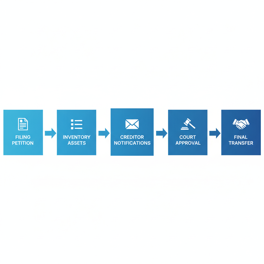 Horizontal process flow diagram illustrating probate administration steps in McAlester, Oklahoma with icons for each stage