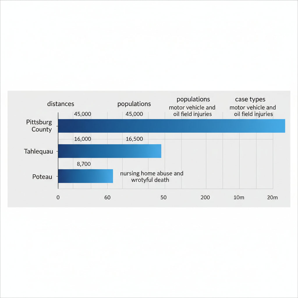 Bar chart comparing key areas served by Stipe Law Firm: Pittsburg County, Tahlequah, and Poteau with distances, populations, and case types