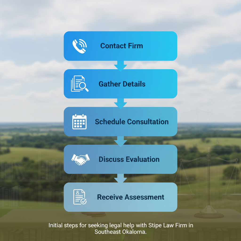 Vertical process flow diagram illustrating five initial steps for contacting a personal injury law firm: contact, gather details, schedule free consultation, discuss case, receive assessment.