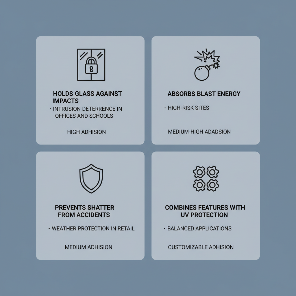Infographic comparing four types of security window films: security, blast mitigation, safety, and multi-purpose, with icons, functions, applications, and adhesion levels.