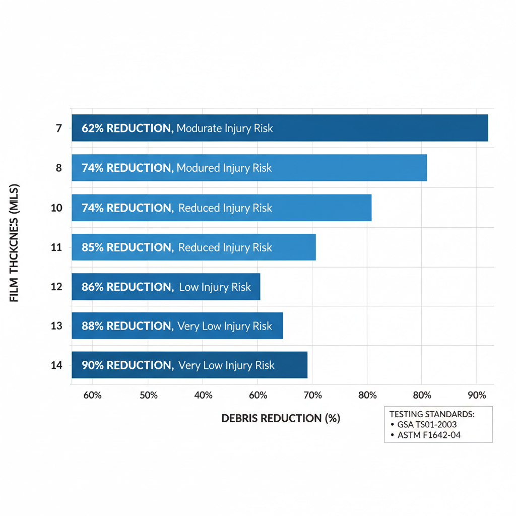 Horizontal bar chart of blast mitigation effectiveness across film thicknesses from 7 to 14 mils, showing 60% to 90% debris reduction with injury risk stats and GSA/ASTM legend
