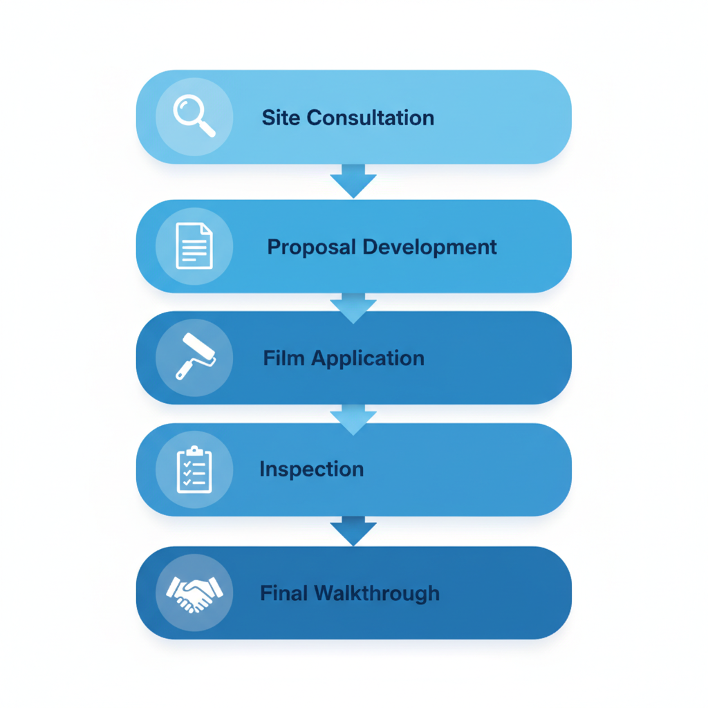 Vertical process flow diagram illustrating the six-step installation process for window security films