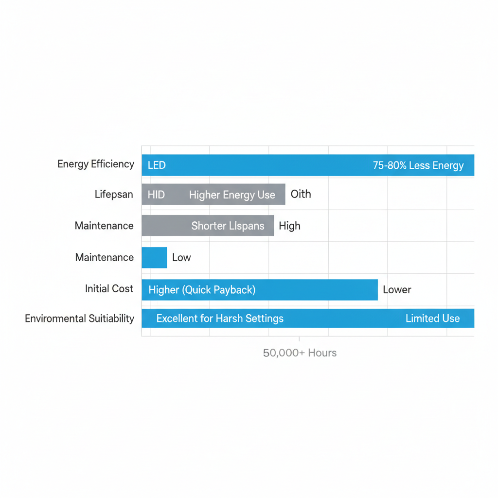 Horizontal bar chart comparing LED industrial lights to HID and fluorescent in energy efficiency, lifespan, maintenance, initial cost, and environmental suitability.
