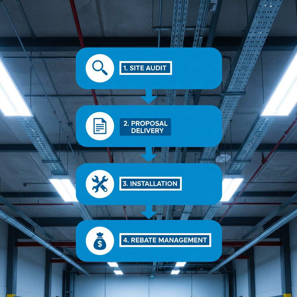 Vertical process flow diagram illustrating four stages of LED retrofit projects: site audit, proposal delivery, installation, and rebate management