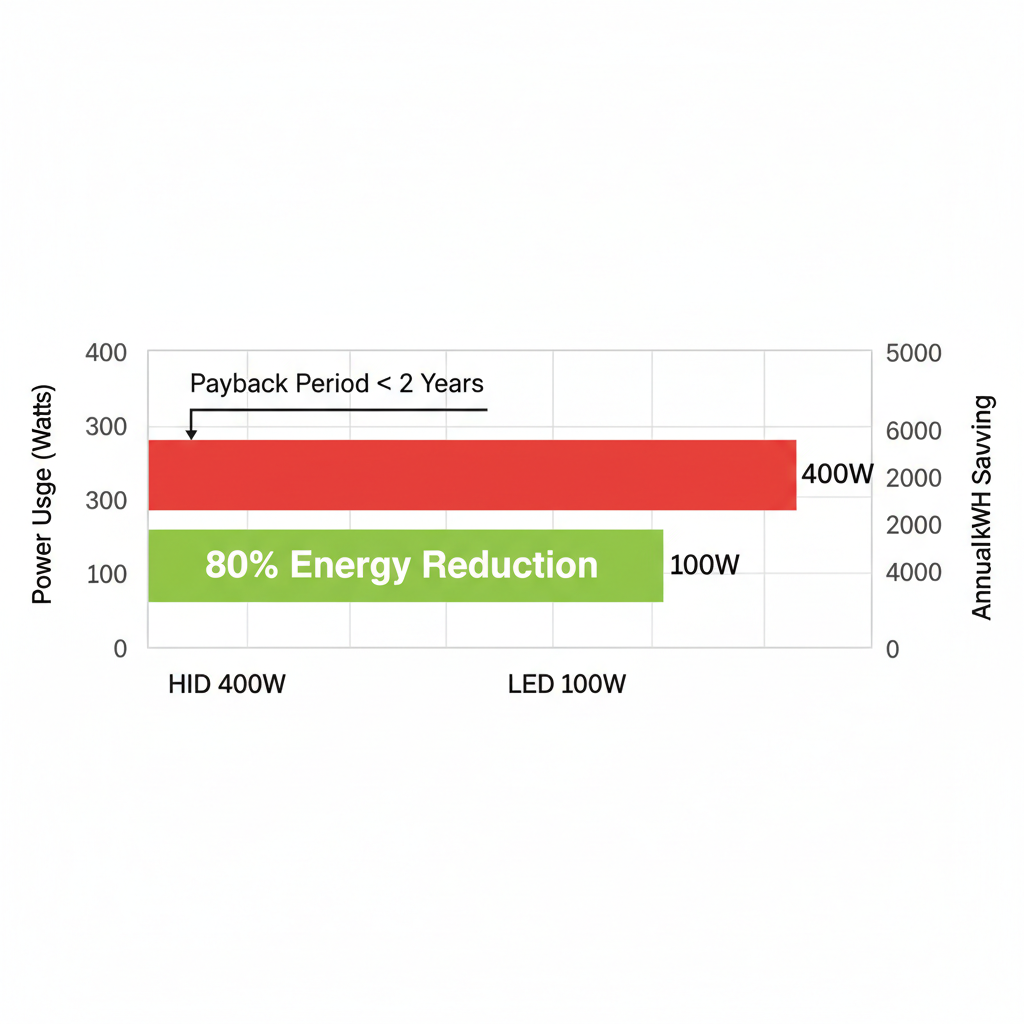 Horizontal bar chart comparing power usage and kWh savings of HID versus LED lighting in Atlanta warehouses, highlighting 80% reduction.