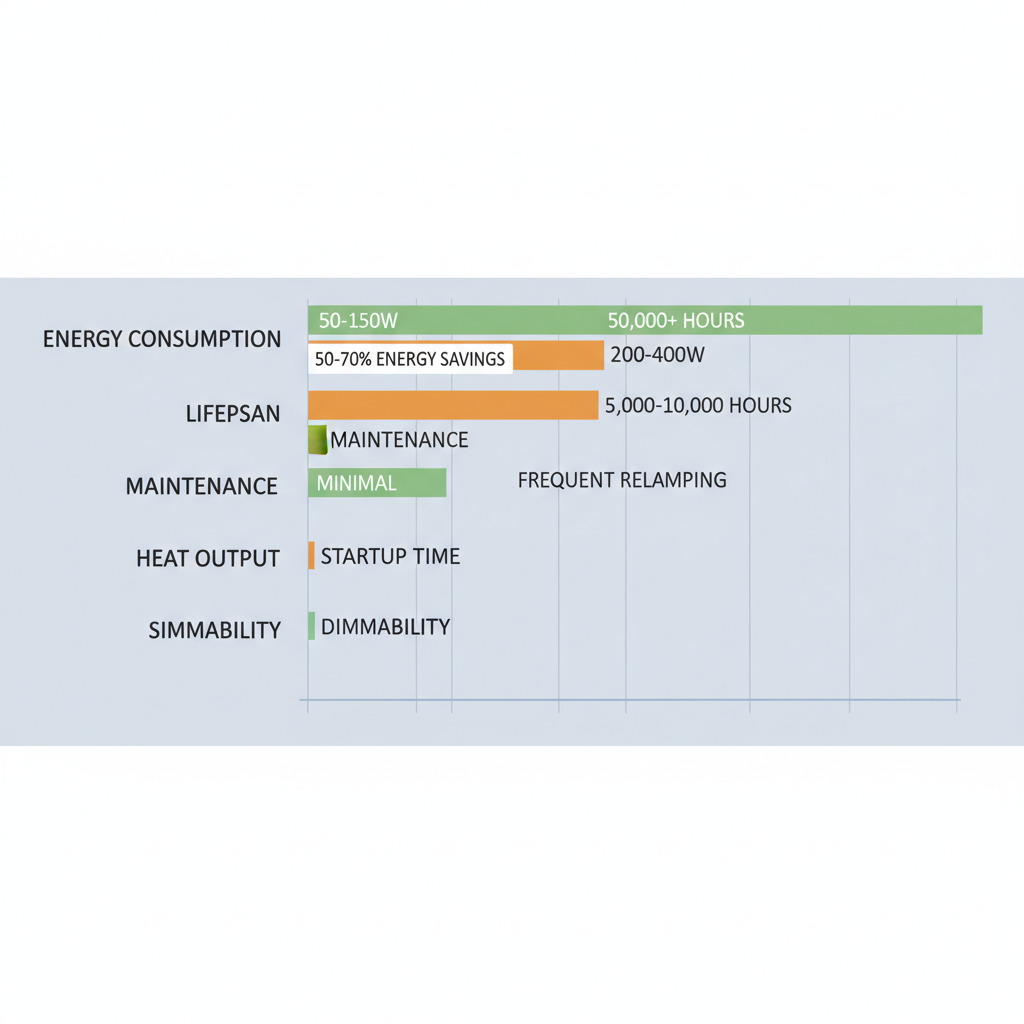 Horizontal bar chart comparing LED and traditional HID/metal halide exterior lighting across energy consumption, lifespan, maintenance, heat output, startup time, and dimmability, highlighting LED advantages.