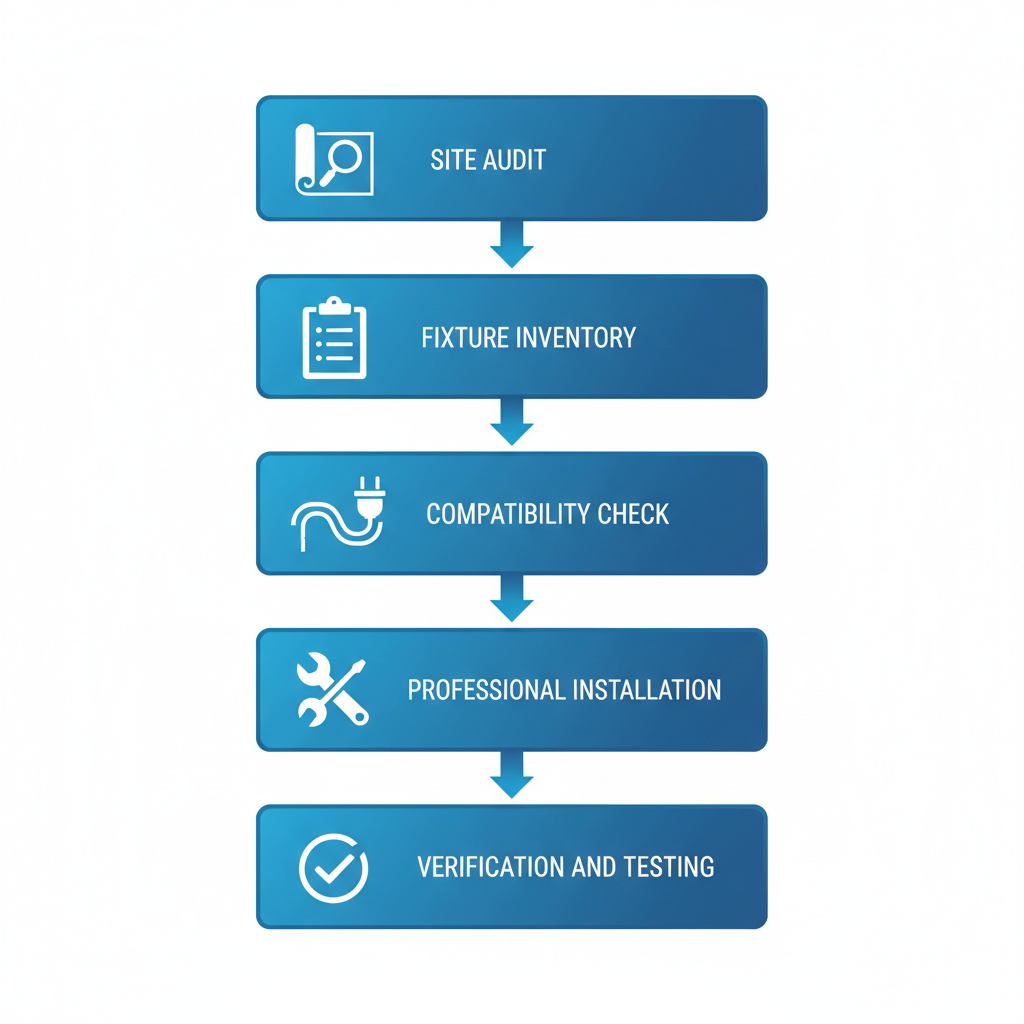 Vertical process flow diagram of five LED retrofit stages for industrial warehouse lighting: site audit, fixture inventory, compatibility check, professional installation, and verification testing.