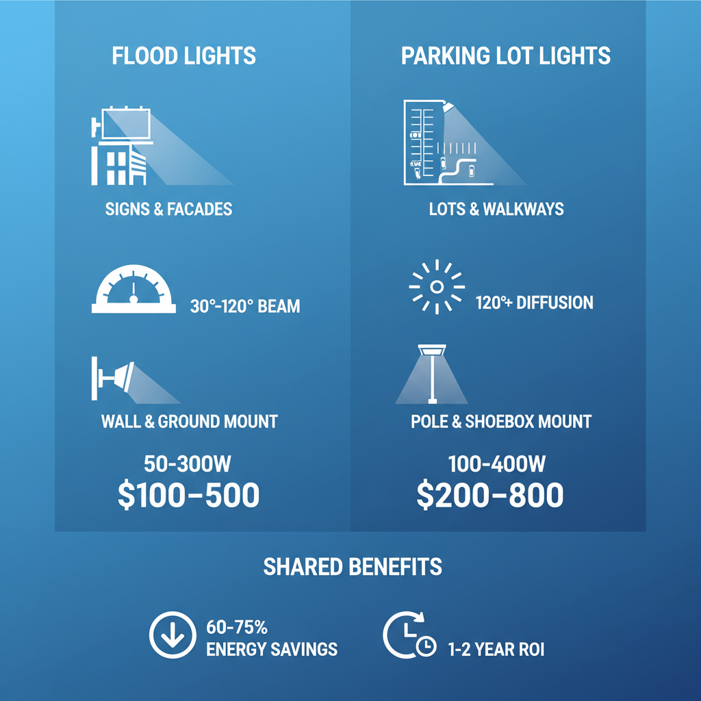 Infographic comparing features of commercial LED flood lights and parking lot lights, including beam angles, mounting, power, costs, and shared energy savings benefits.
