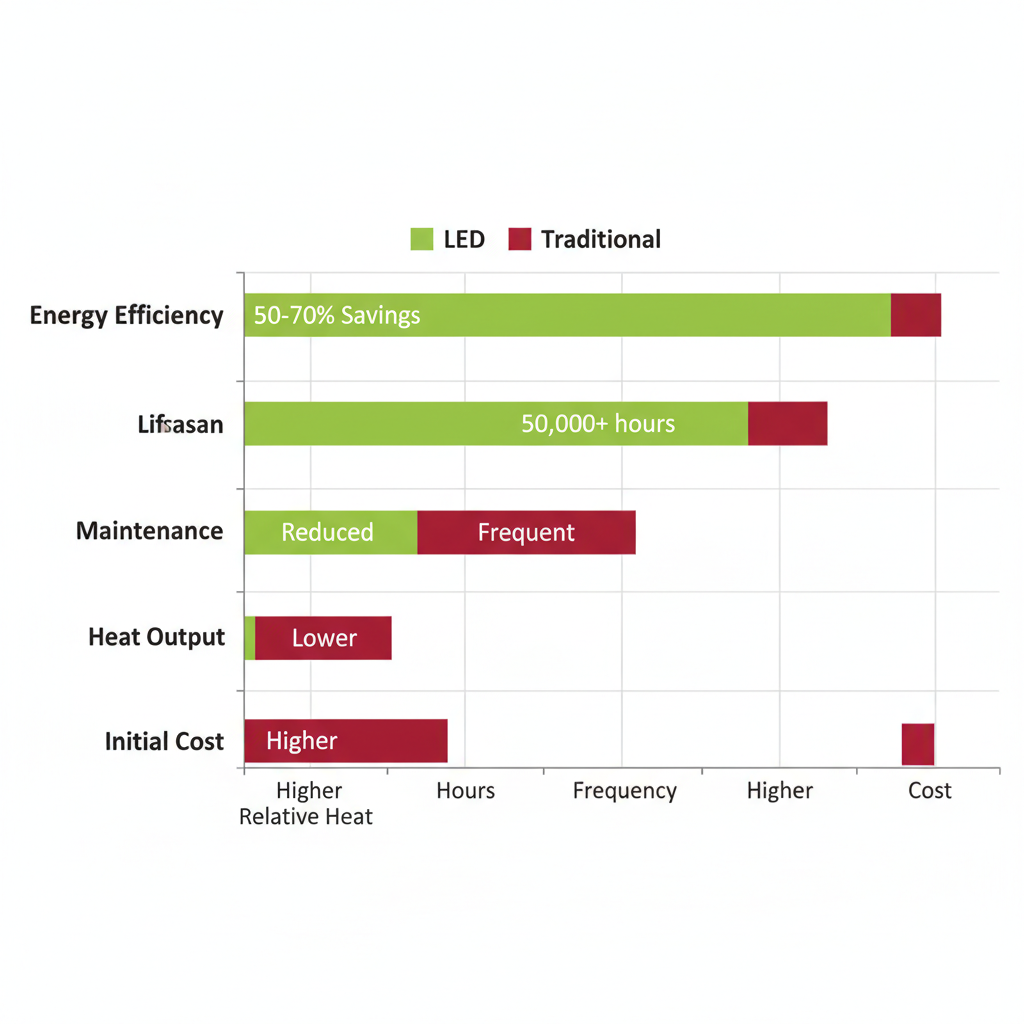 Horizontal bar chart comparing LED and traditional lighting on energy efficiency, lifespan, maintenance, heat output, and initial cost, highlighting LED advantages.