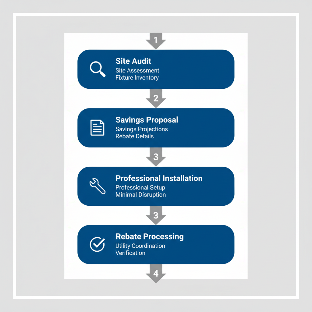 Vertical process flow diagram showing four steps of industrial LED retrofit: audit, proposal, installation, and rebate processing with icons.