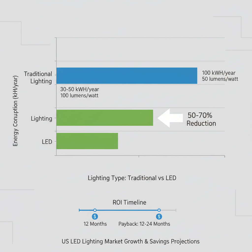 Horizontal bar chart comparing energy consumption of traditional versus LED lighting in a warehouse, showing significant savings.