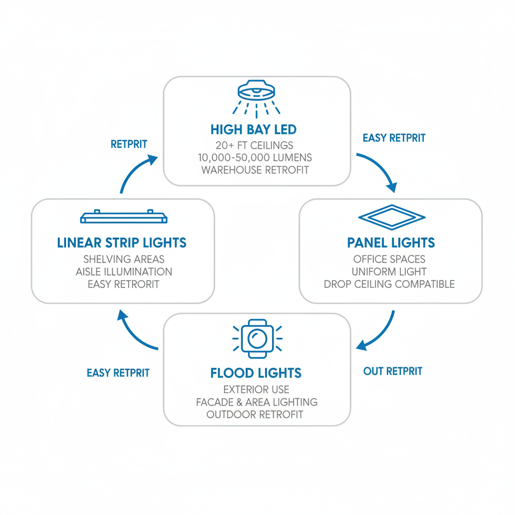 Infographic showing four types of industrial LED fixtures: high bay, linear strip, panel, and flood lights with key features and retrofit notes.