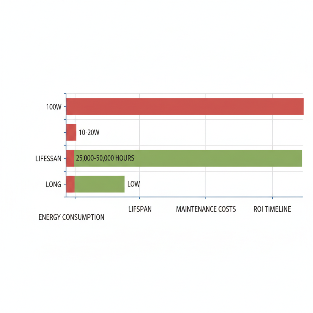 Horizontal bar chart comparing traditional and LED lighting on energy use, lifespan, maintenance, and ROI