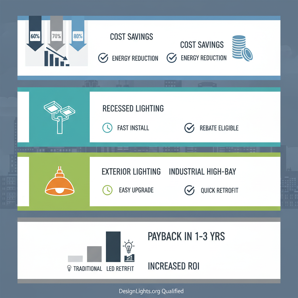 Infographic showing commercial LED retrofit options with cost savings, installation details, and ROI for Atlanta properties