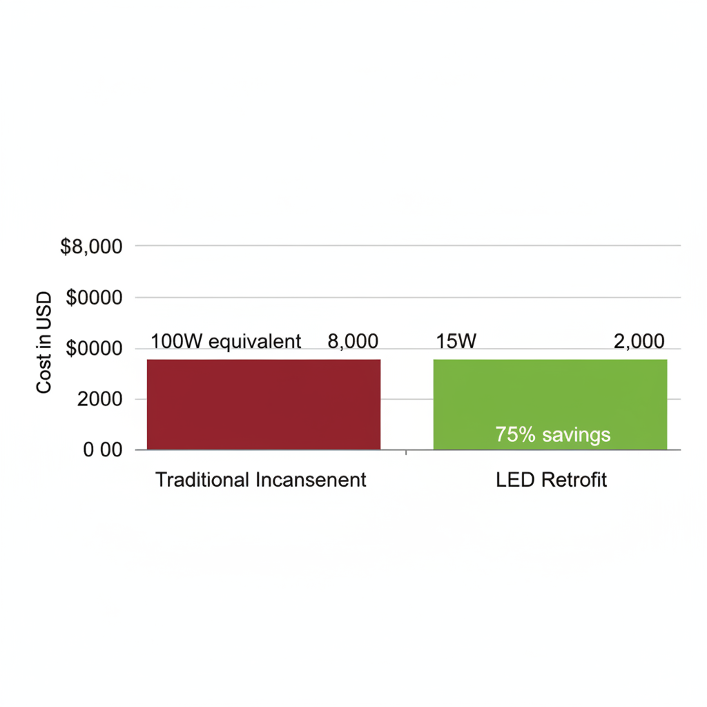 Horizontal bar chart comparing annual energy costs of traditional incandescent versus LED retrofit lighting in commercial offices, highlighting 75% savings
