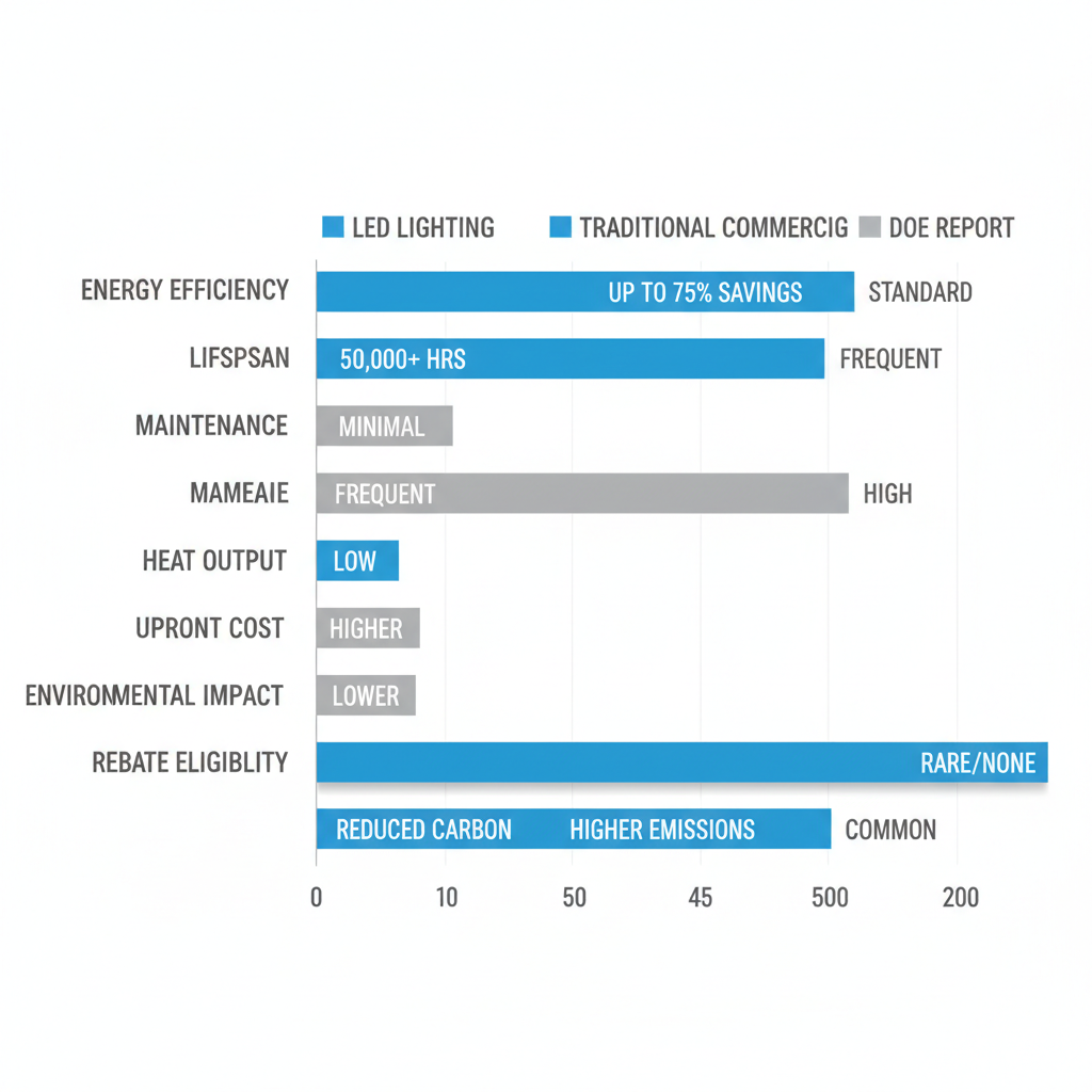 Horizontal bar chart comparing LED and traditional commercial lighting on efficiency, lifespan, maintenance, heat, cost, environment, and rebates