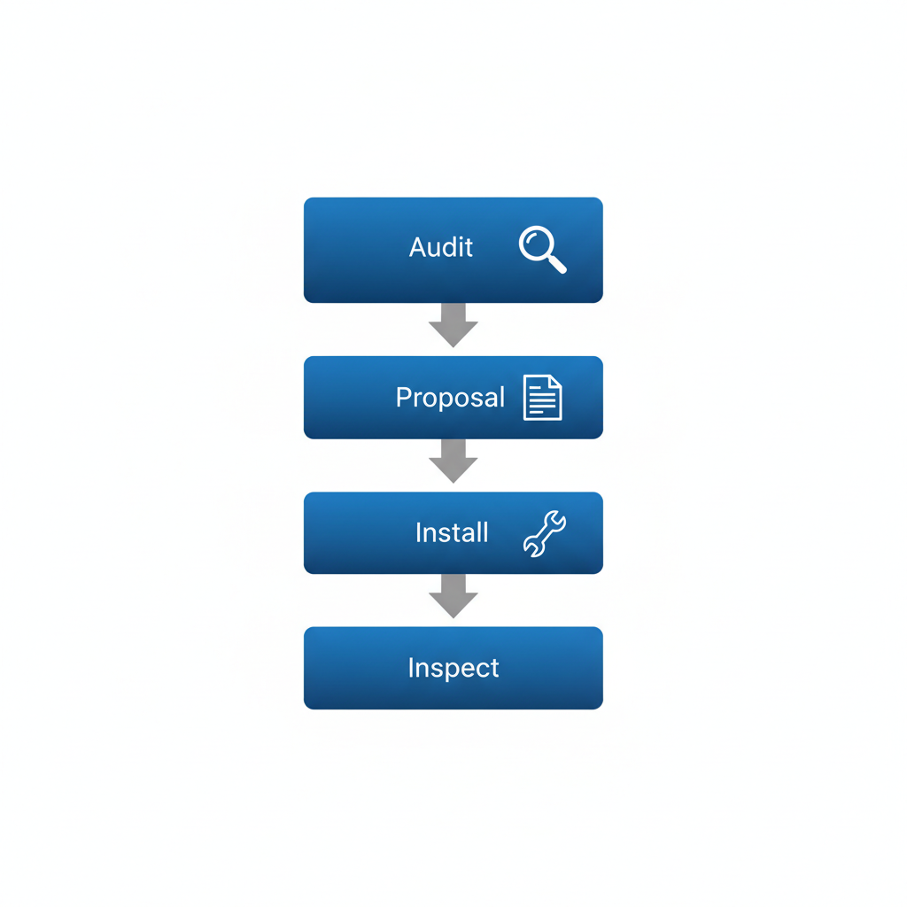 Vertical process flow diagram of four stages in commercial LED retrofit project management: audit, proposal, installation, and inspection.