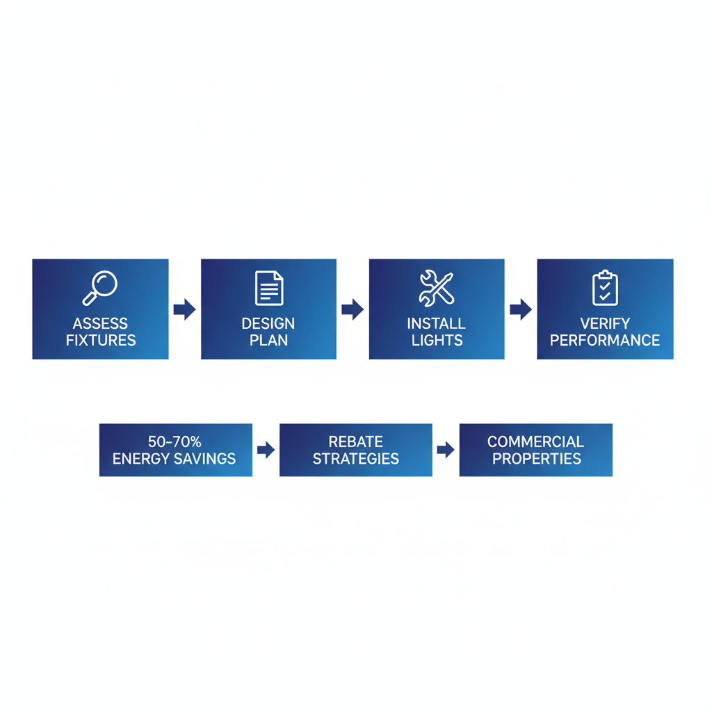 Horizontal process flow diagram illustrating the four stages of LED lighting retrofit: assess fixtures, design plan, install lights, and verify performance.