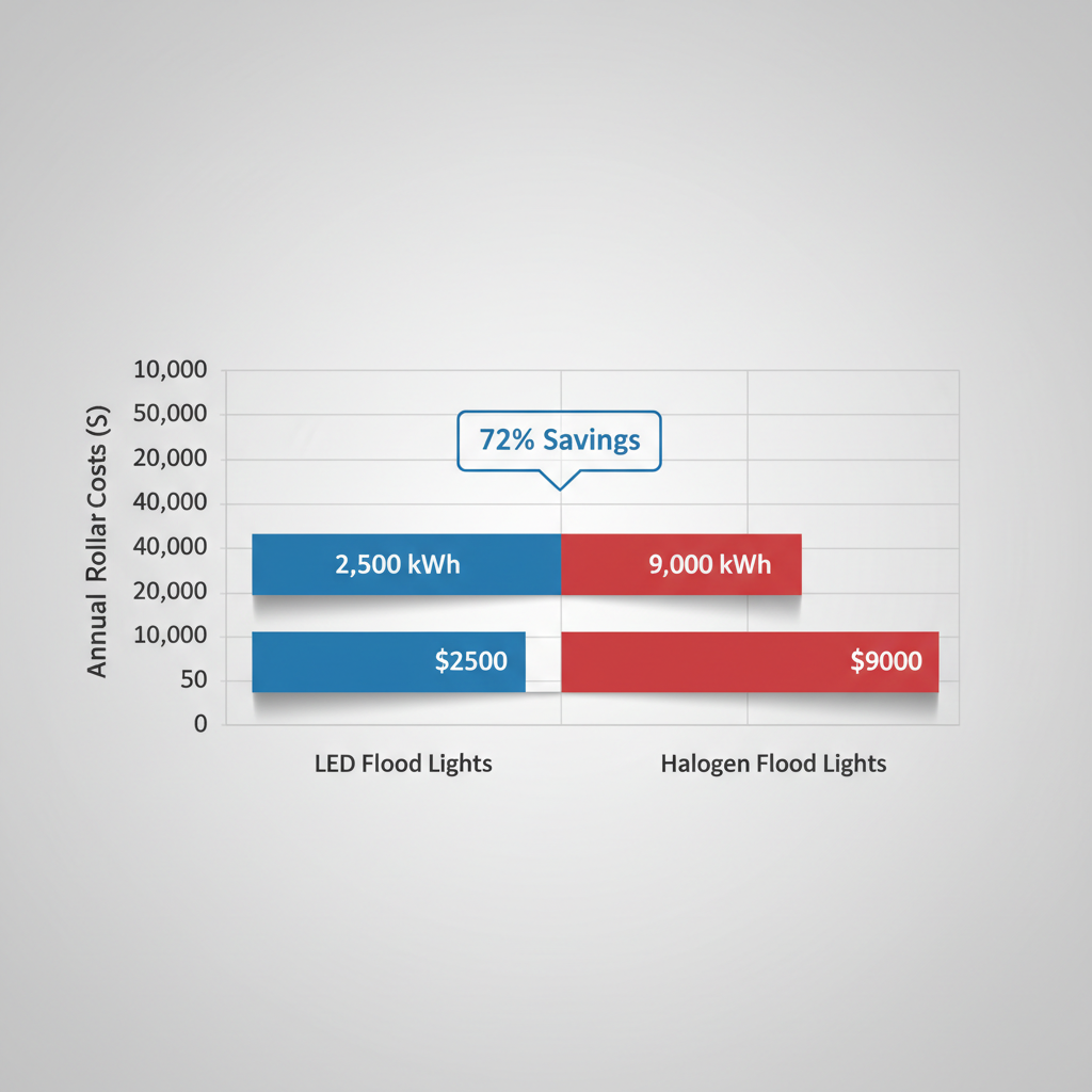 Horizontal bar chart comparing annual energy consumption in kWh and costs in dollars for LED flood lights versus halogen flood lights in commercial exteriors, highlighting 60-80% savings with LED.