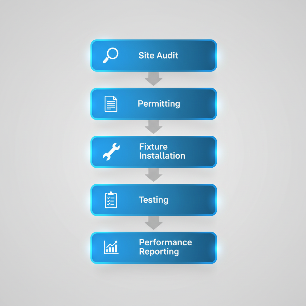 Vertical process flow diagram of five key steps in LED commercial lighting retrofit process