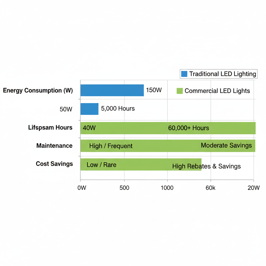 Horizontal bar chart comparing key attributes of traditional lighting and commercial LED lights including energy consumption, lifespan, maintenance, and cost savings.