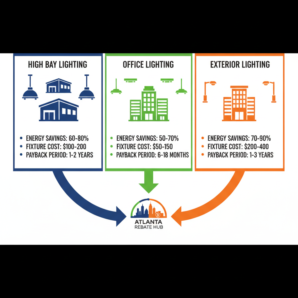 Infographic illustrating energy savings, costs, and payback periods for high bay, recessed, and exterior LED retrofits connected to Atlanta rebates