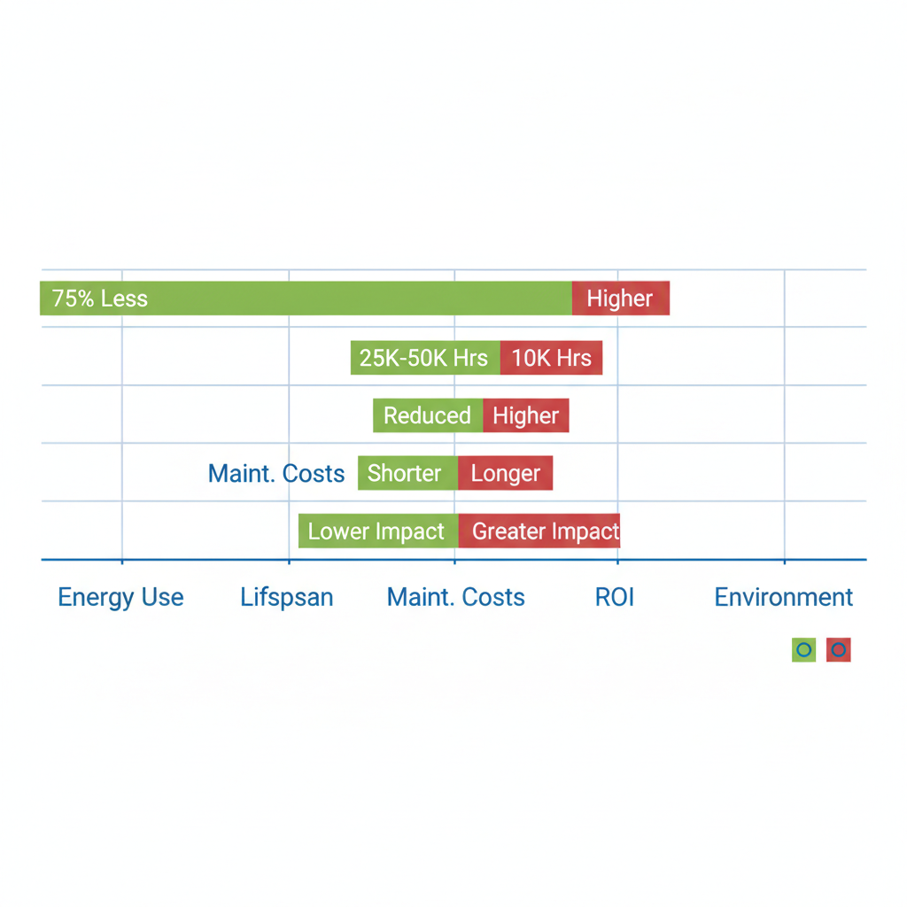 Horizontal bar chart comparing LED and traditional lighting performance in commercial energy savings