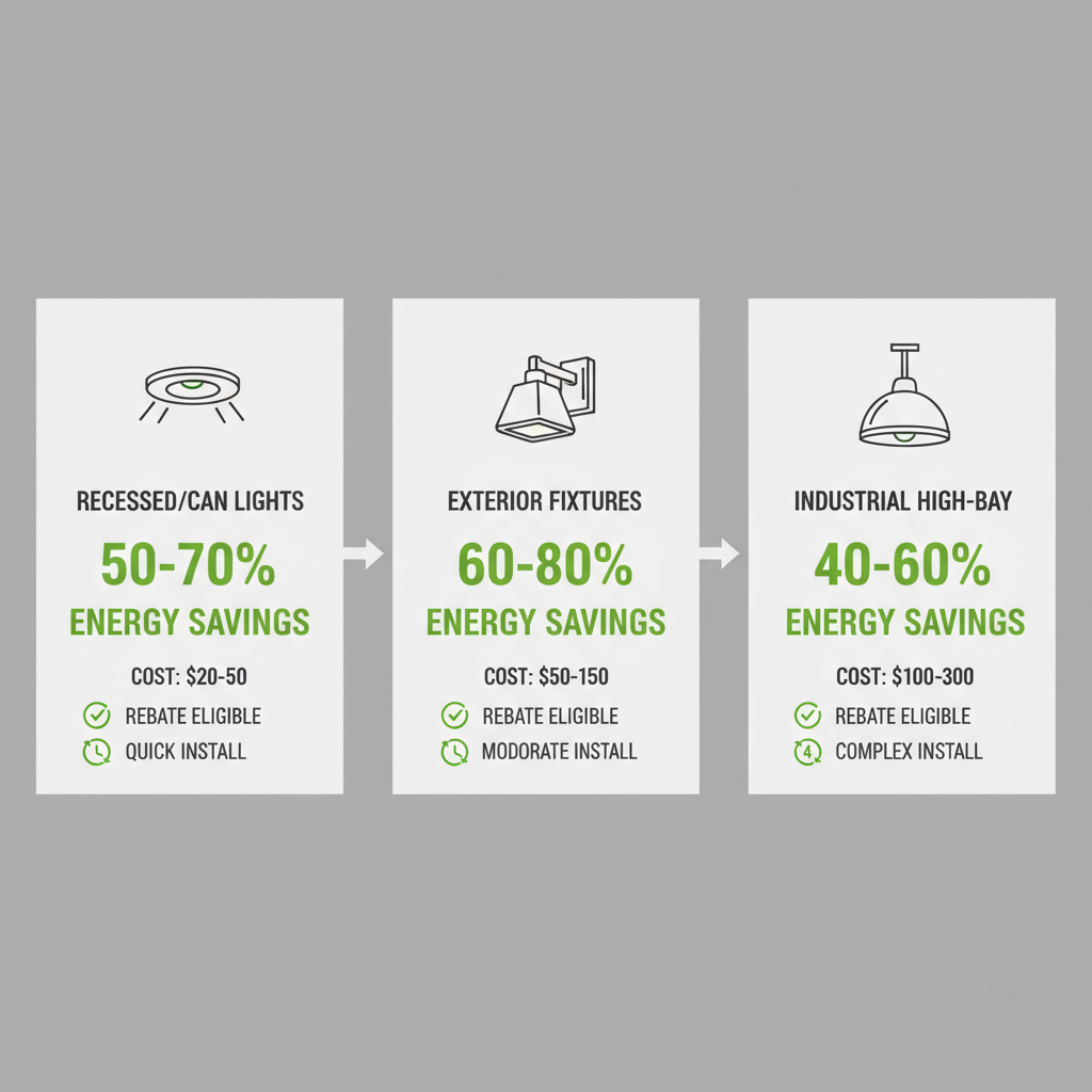 Infographic of commercial LED retrofit fixture types, energy savings, costs, rebates, and installation times.