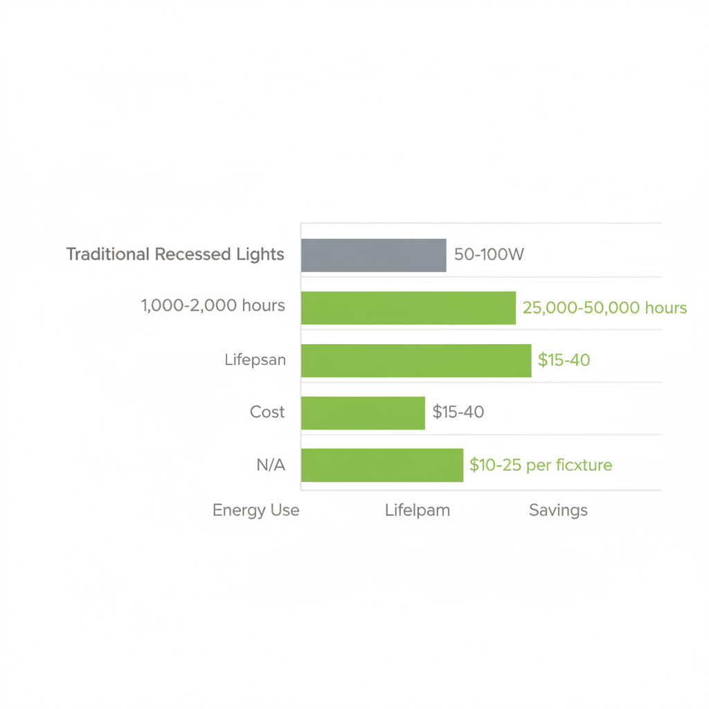 Horizontal bar chart comparing energy use, lifespan, cost, and savings of traditional versus LED recessed lights