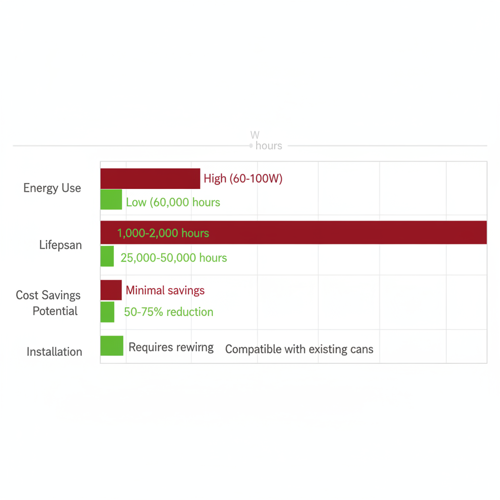 Horizontal bar chart comparing energy use, lifespan, cost savings potential, and installation between traditional incandescent and LED retrofit lighting