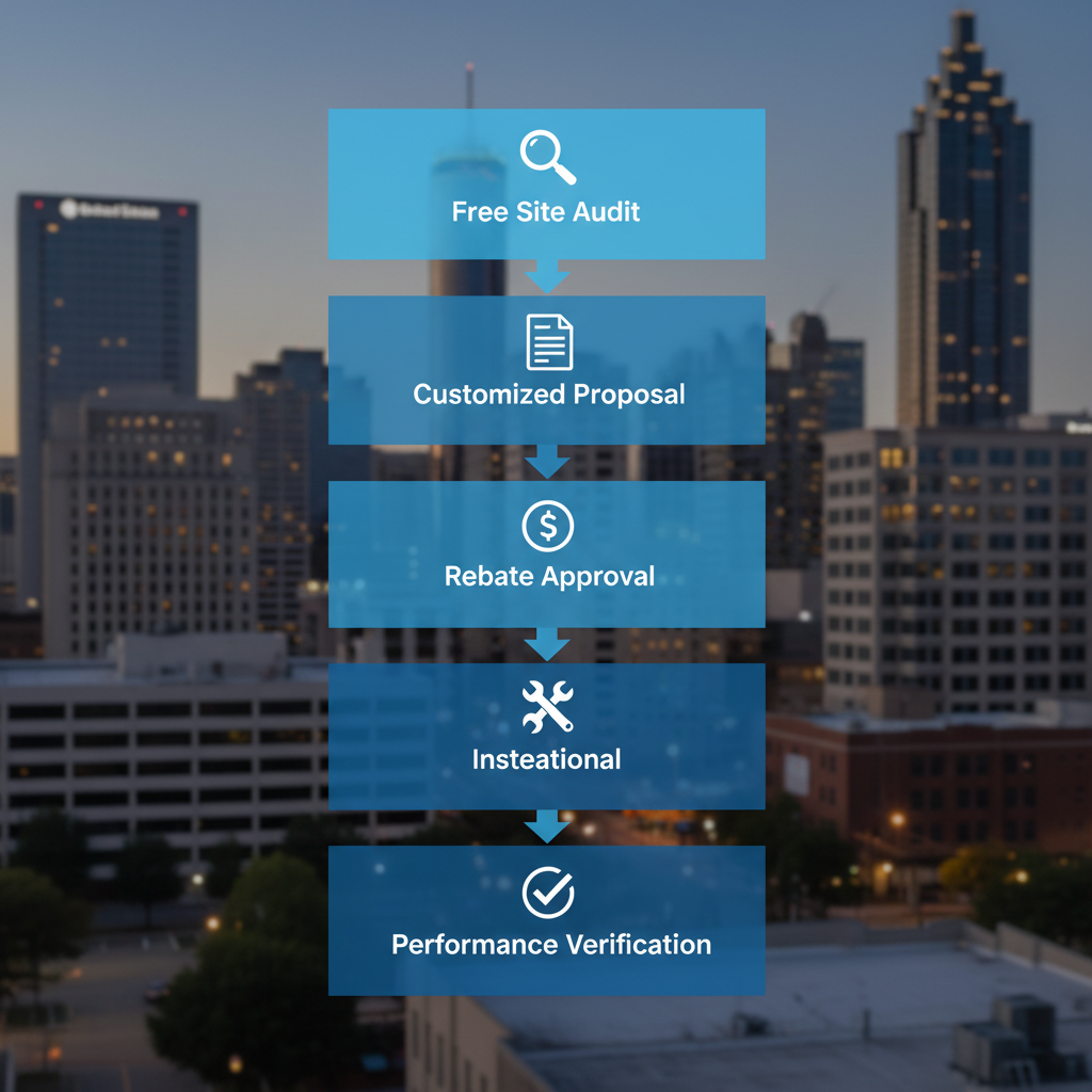Vertical process flow diagram illustrating the five-step LED retrofit installation process for commercial properties