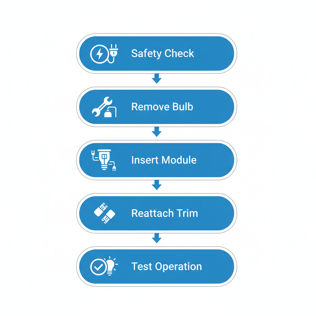 Vertical process flow diagram illustrating the five-step LED recessed lighting retrofit installation process with icons for safety, removal, insertion, reattachment, and testing.