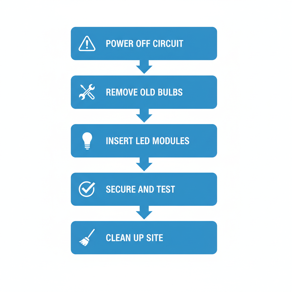 Vertical process flow diagram illustrating five key steps for safe LED can light retrofit installation in commercial spaces