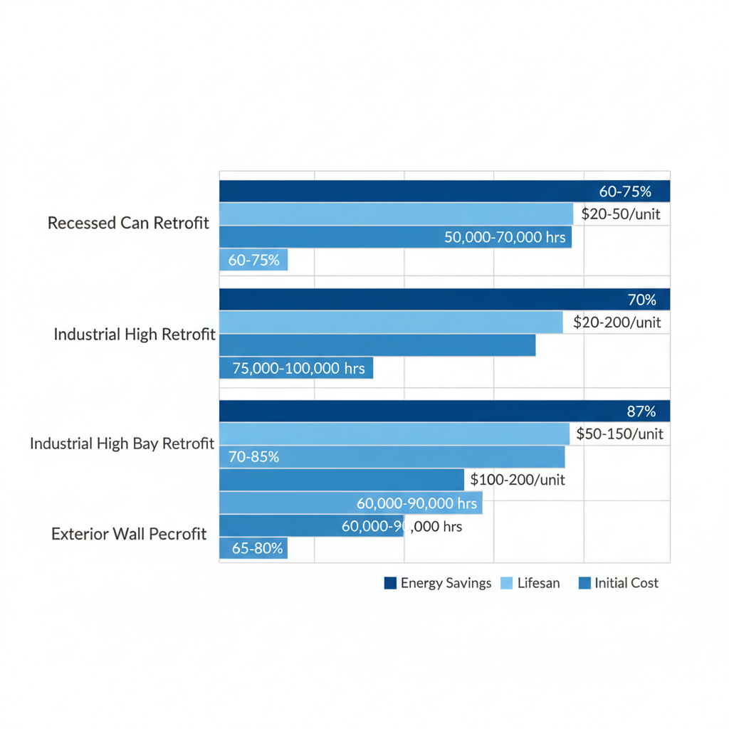 Horizontal bar chart comparing energy savings, lifespan, and costs of three commercial LED retrofit types