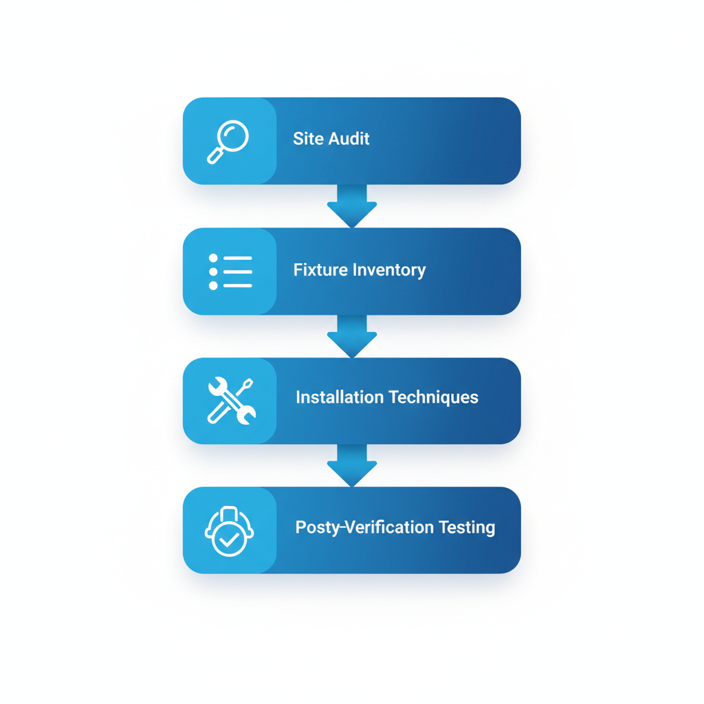 Vertical process flow diagram illustrating five key stages of commercial LED retrofit installation: site audit, fixture inventory, installation techniques, safety protocols, and post-verification testing