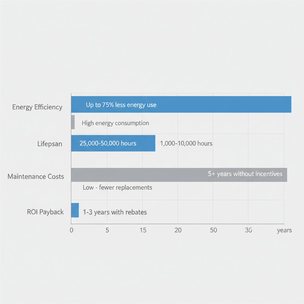 Horizontal bar chart comparing LED retrofits to traditional lighting in energy efficiency, lifespan, maintenance costs, and ROI payback periods