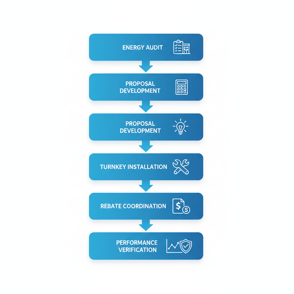 Vertical process flow diagram showing five steps of LED retrofit services implementation