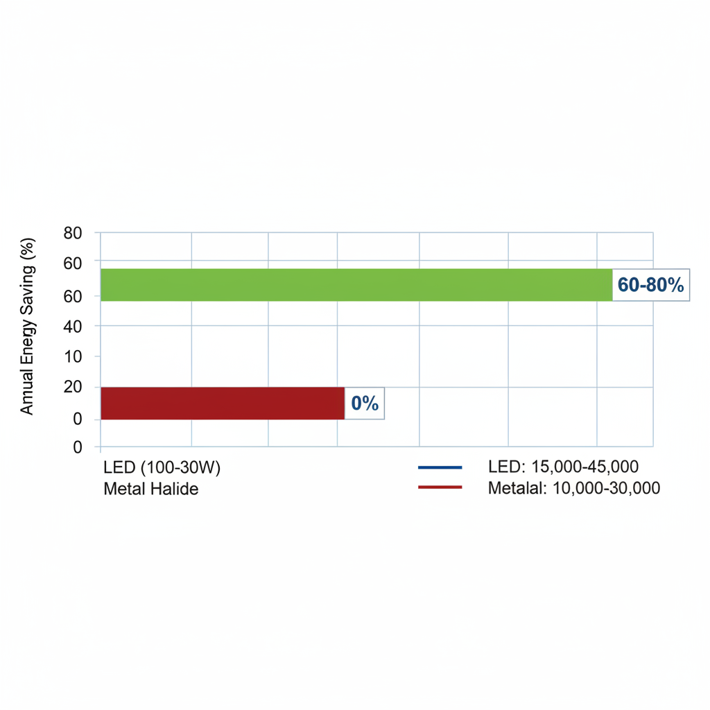 Horizontal bar chart comparing energy savings and lumen output of LED versus metal halide parking lot lights, highlighting 60-80% efficiency gains for LEDs