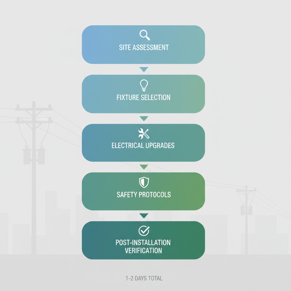 Vertical process flow diagram illustrating the five key stages of commercial outdoor LED installation