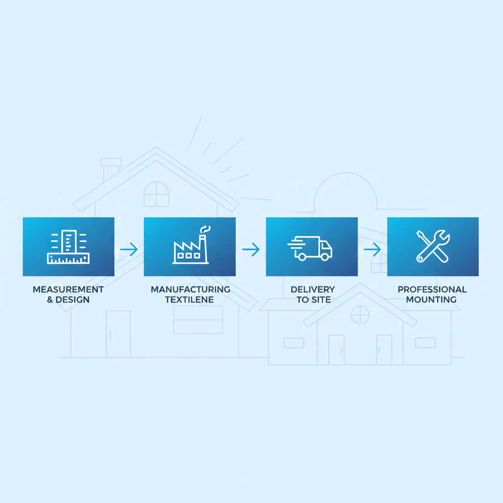 Horizontal process flow diagram illustrating the four stages of solar screen installation for Phoenix homes: measurement and custom design, manufacturing with Textilene, delivery to site, and professional mounting.