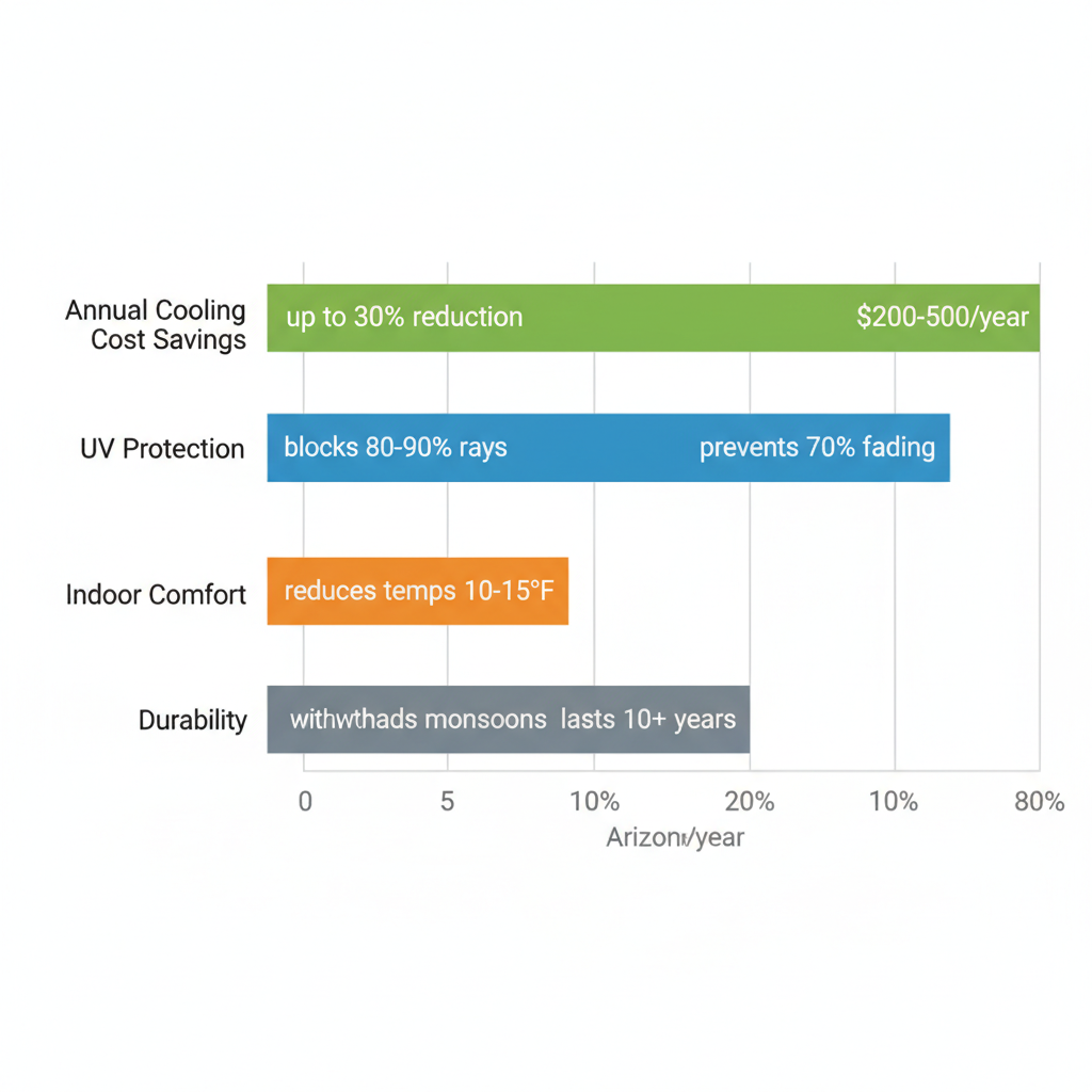 Horizontal bar chart illustrating key benefits of solar sun screens including cooling cost savings, UV protection, indoor comfort, and durability in Arizona homes