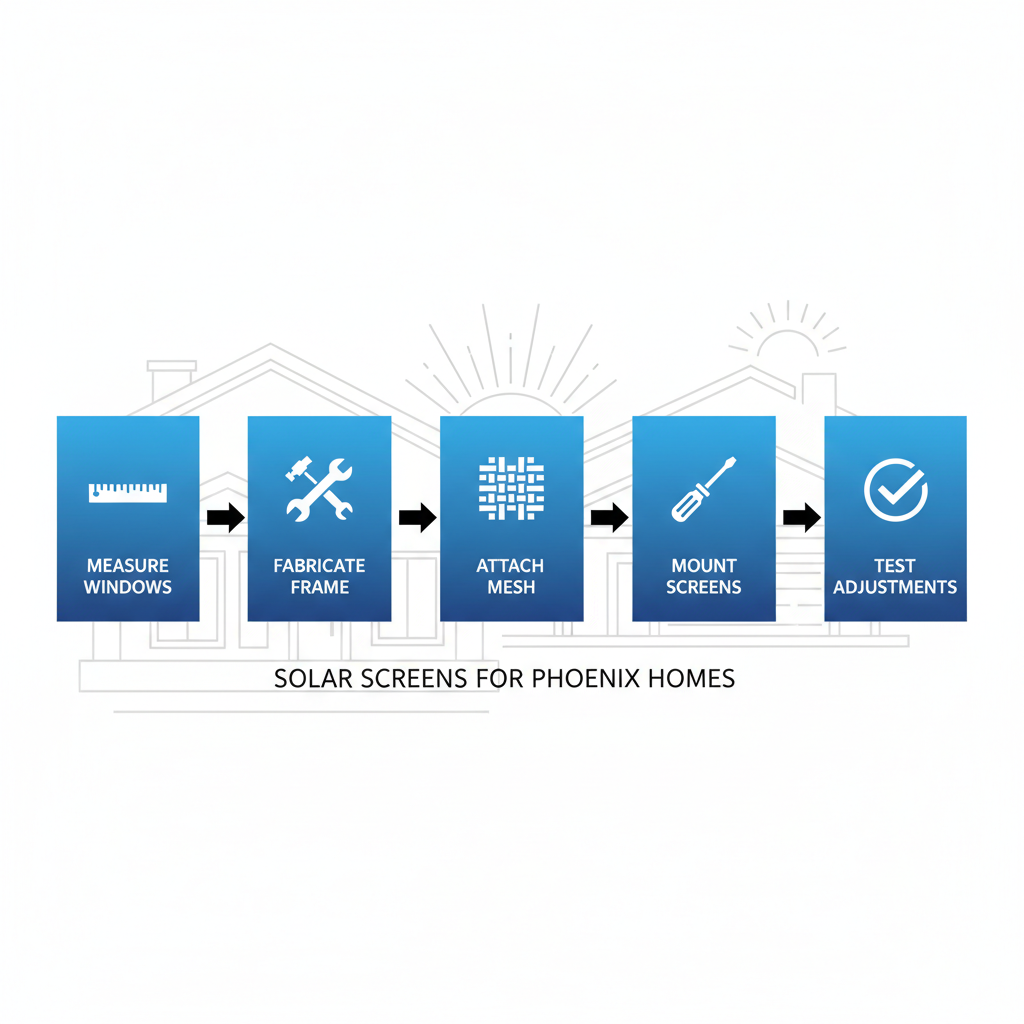 Horizontal process flow diagram showing five steps of solar screen installation for Phoenix windows: measurement, frame fabrication, custom mesh attachment, mounting, and testing adjustments