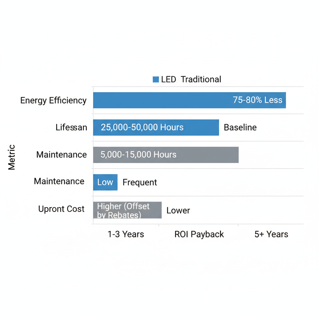 Horizontal bar chart comparing LED and traditional lighting metrics for commercial properties in Atlanta