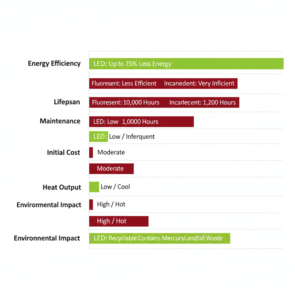 Horizontal bar chart comparing LED lighting advantages over traditional fluorescent and incandescent in energy efficiency, lifespan, maintenance, cost, heat, and environmental impact.
