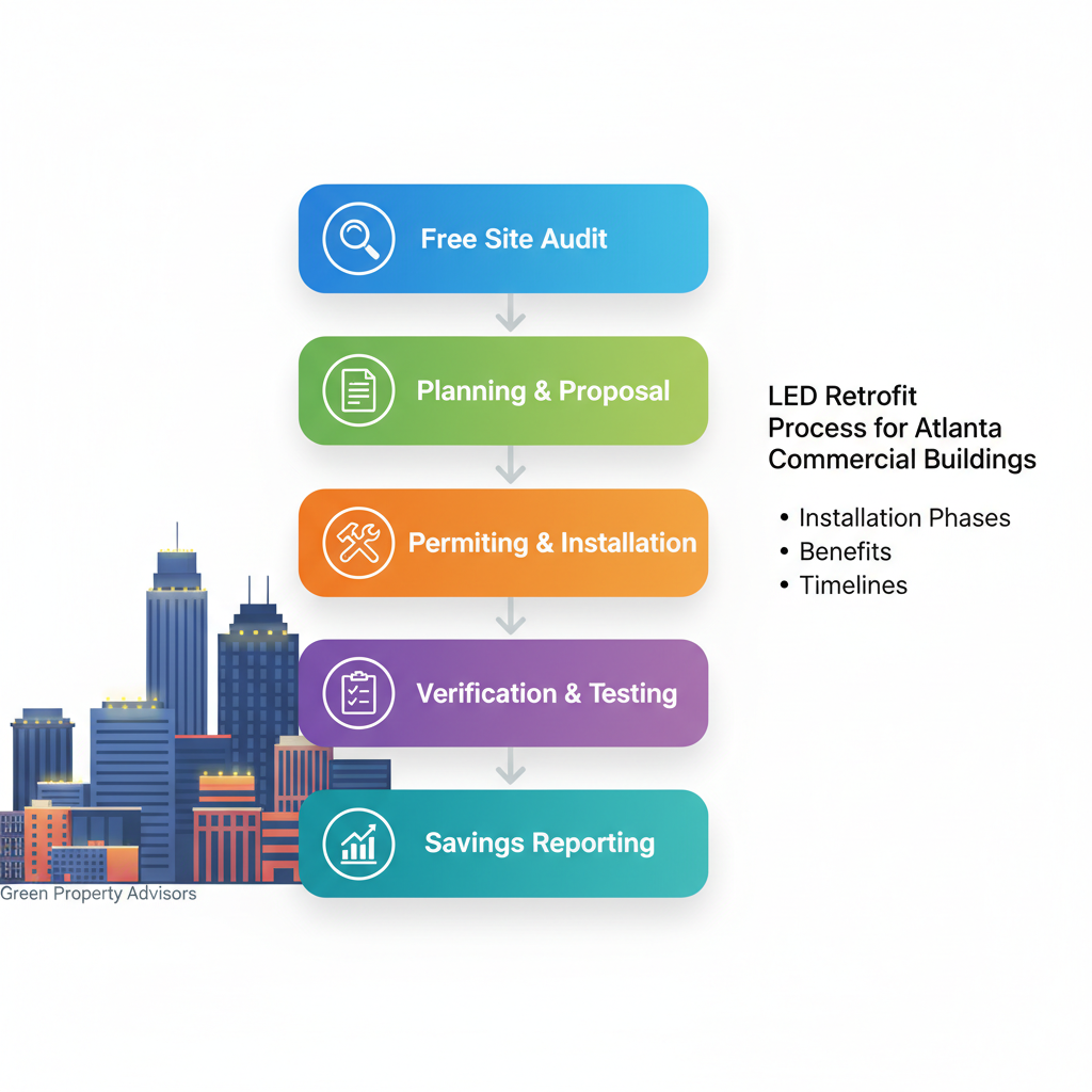 Vertical flowchart showing five stages of LED retrofit process: site audit, planning, installation, verification, and savings reporting.