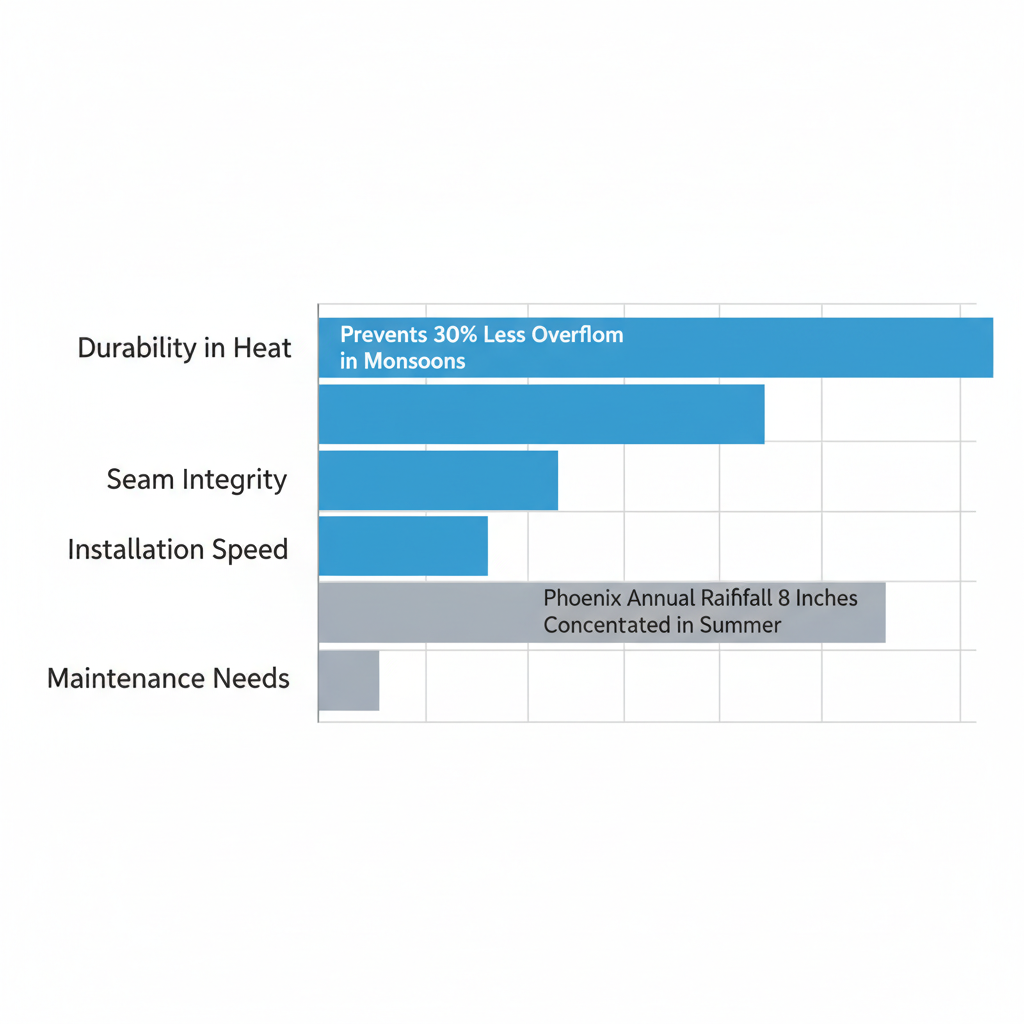 Horizontal bar chart comparing seamless and sectional gutters on durability, seam integrity, installation speed, and maintenance for Phoenix homes.