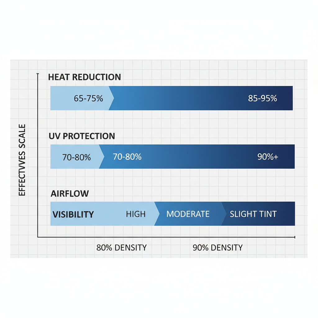 Bar chart comparing 80% and 90% solar screen densities for heat reduction, UV protection, airflow, and visibility in Arizona homes.